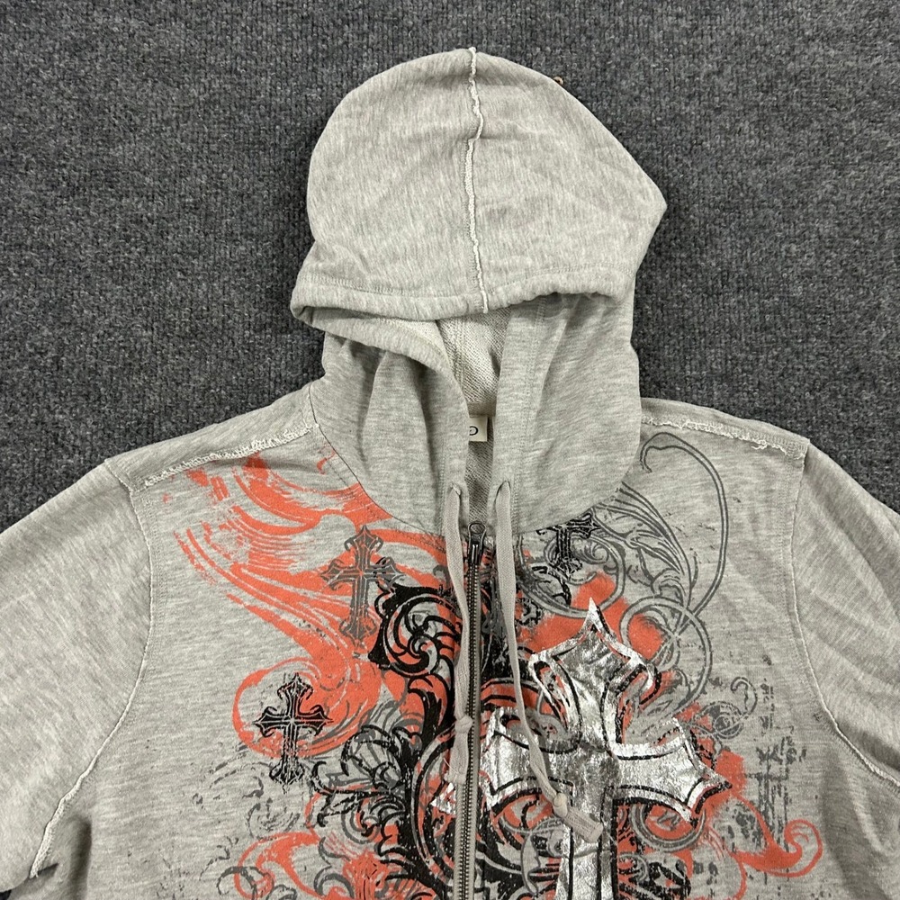 Cato Hoodie Womens Size XL Grey Zip Up Y2K Cross Graphic Foil Print Casual